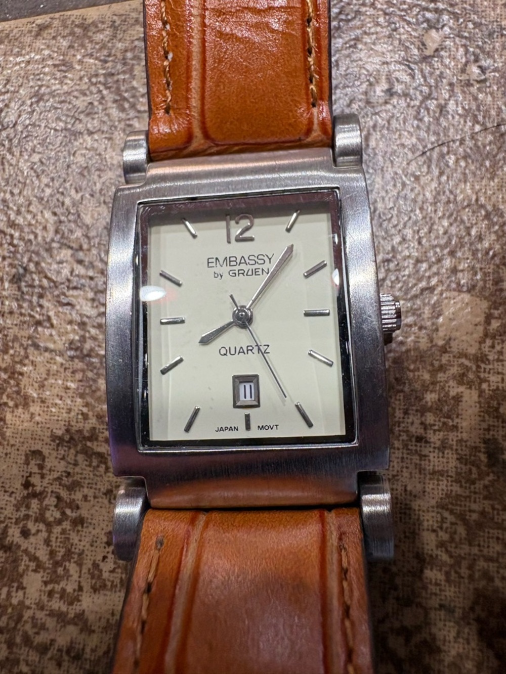 Embassy by Gruen Quartz Watch Square Case Date Brown Leather Strap